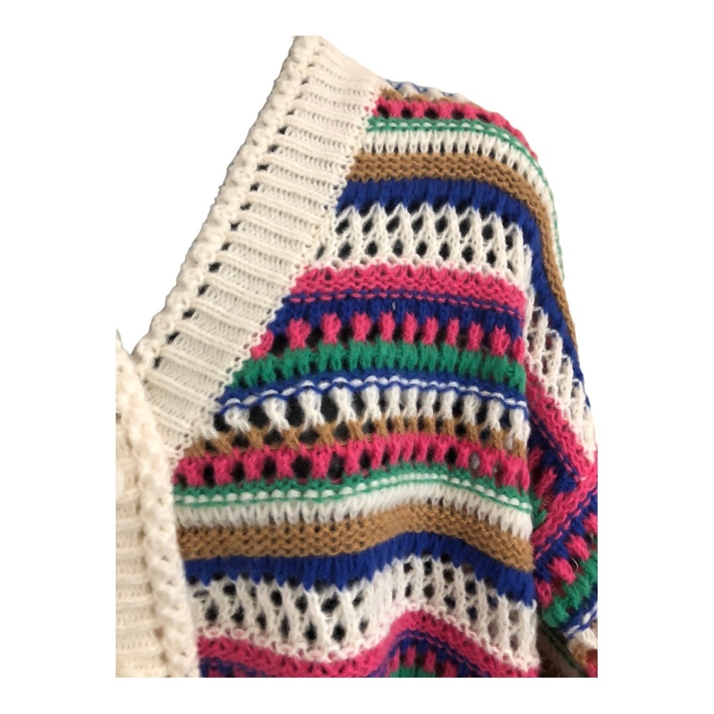 Vigoss Cream multistriped crochet‎ knit grandpa cardigan sweater size large new - Picture 6 of 16